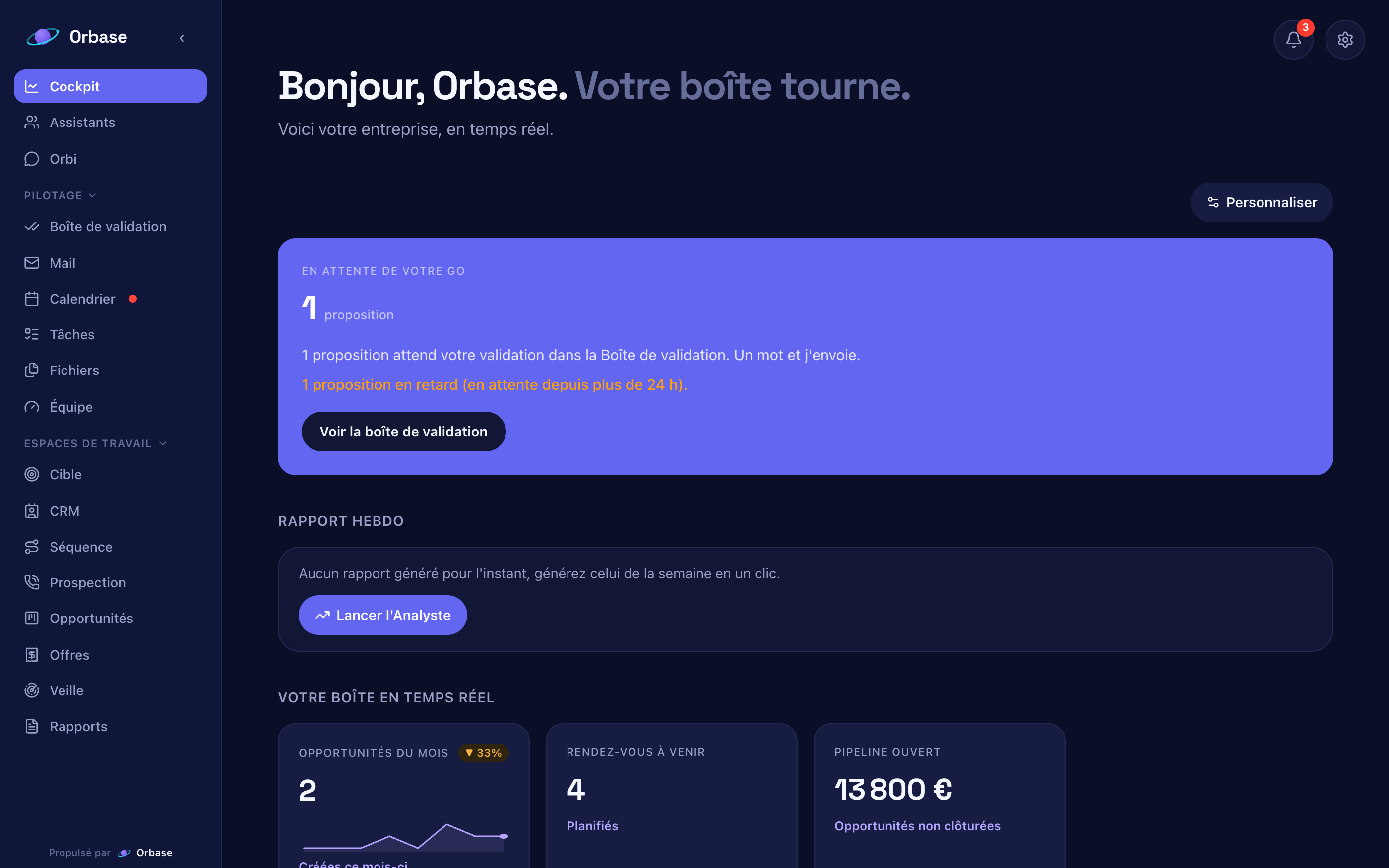 Cockpit Orbase : KPI, pipeline, boîte de validation